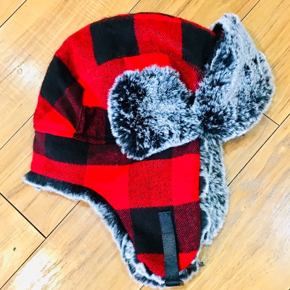 Flannel faux fur grey red plaid aviator winter hat small camping hunting main image 6